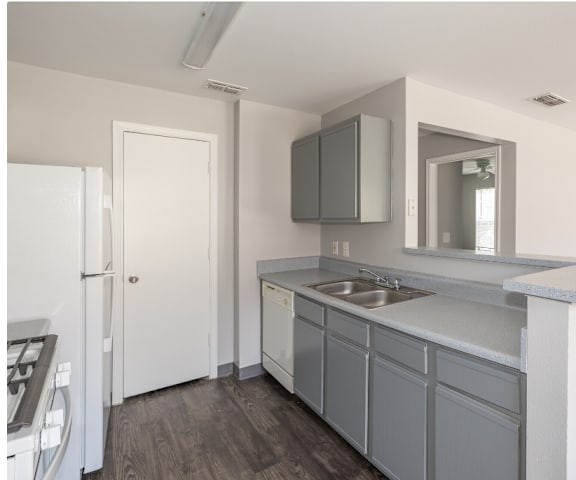 an empty kitchen with a sink and a white refrigerator