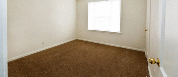 a room with a carpeted floor and a window