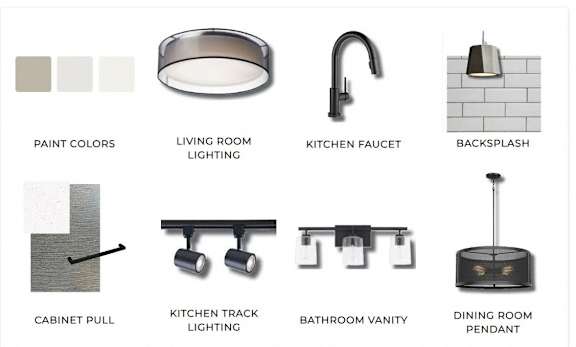 A collection of home decor items including a ring, faucet, backsplash, pull, track lighting, vanity, and pendant.