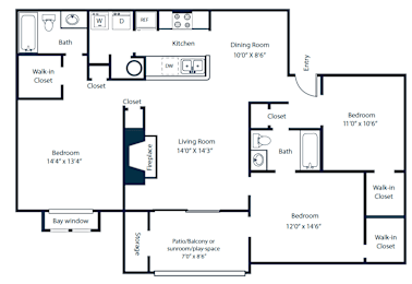 Southpark Commons C2 Floor Plan 3 Bedroom 2 Bath
