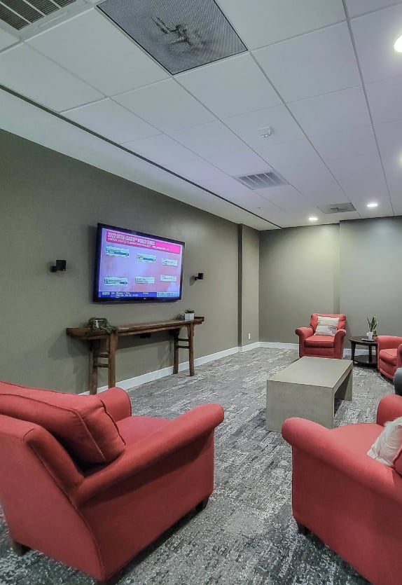 a living room with couches and chairs and a tv