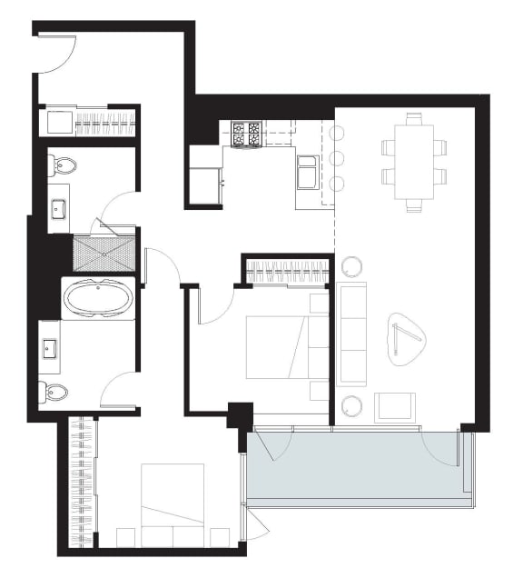 King - 2 Bedroom 2 Bath Floor Plan Layout - 1095 Square Feet