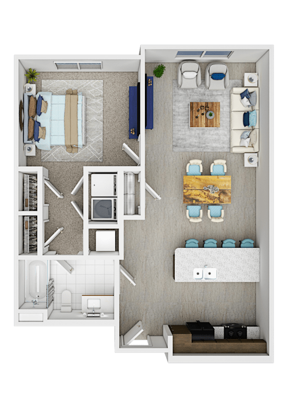 A floor plan of a small apartment with a kitchen, living room, and bathroom.