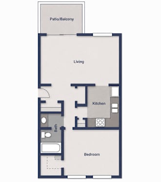 A floor plan of a small apartment with a living room, kitchen, bedroom, and bathroom.