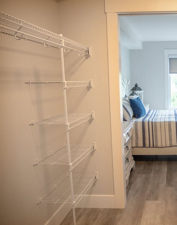 a closet in a bedroom with a bed and a closet door open to a room