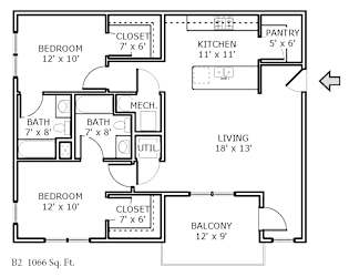 2D floor plan of a 2-bedroom apartment at Backwater Cove.