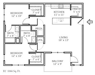 2D floor plan of a 2-bedroom apartment at Backwater Cove.