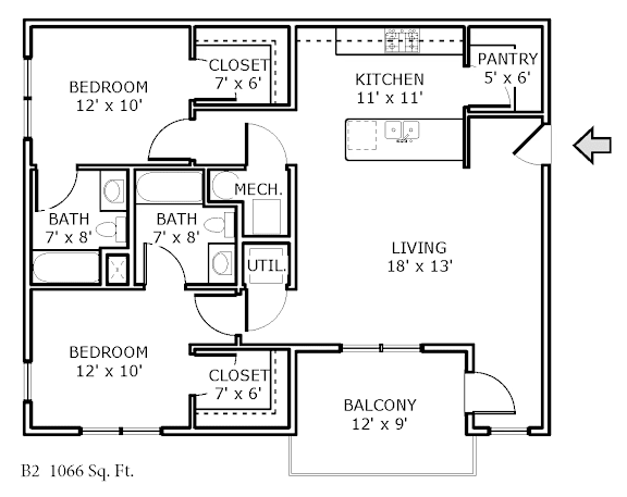 2D floor plan of a 2-bedroom apartment at Backwater Cove.