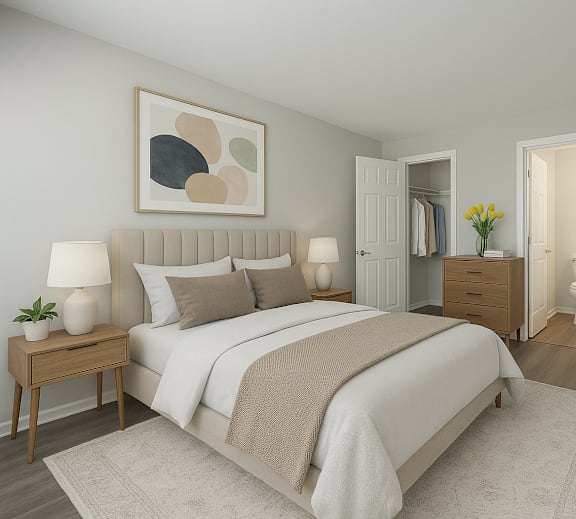 A bedroom with a large bed and a painting on the wall.