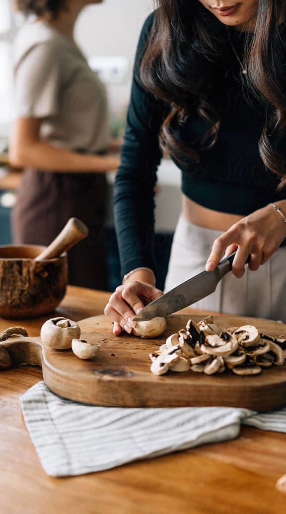 a woman cutting mushrooms on a cutting board with a knife