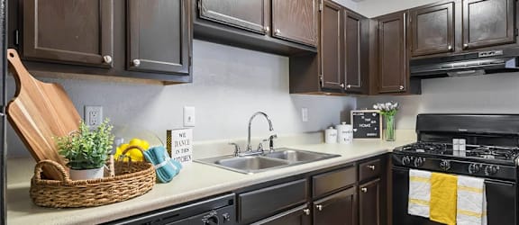 a kitchen with a black stove top oven next to a sink