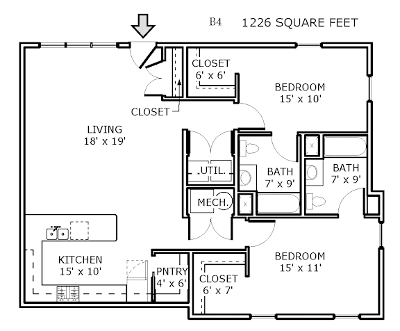 2D floor plan of a 2-bedroom apartment at Backwater Cove.