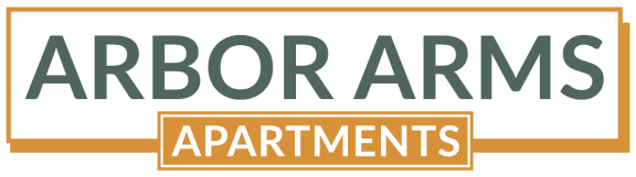 the logo for arbor arms apartments with the word apartments on a white and brown