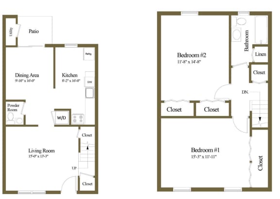 2 bedroom 1.5 bathroom floor plan at Liberty Gardens Townhomes