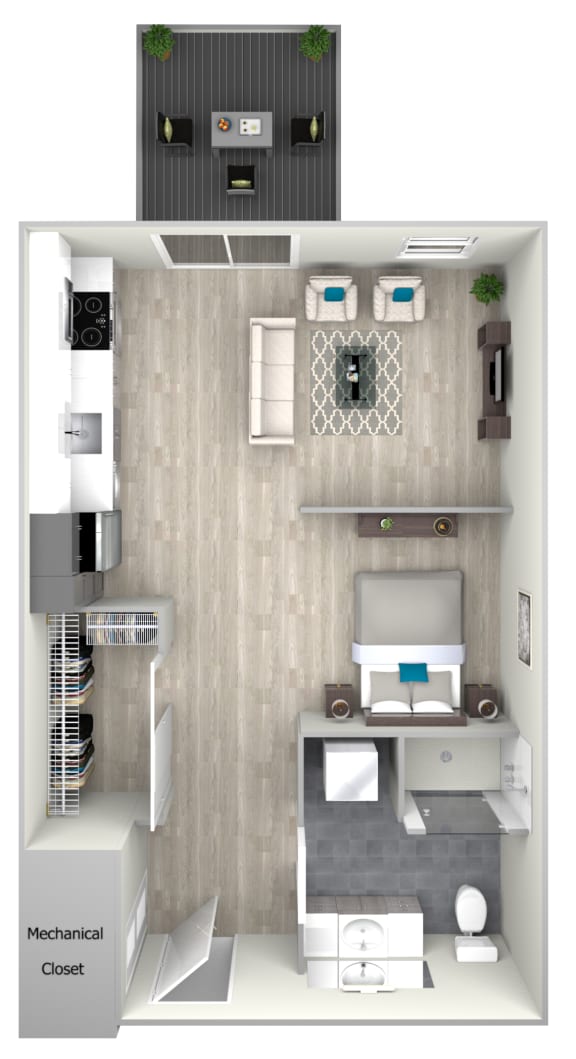 Studio One Bathroom with Patio 502 Floor Plan at Nightingale, Providence, RI, 02903