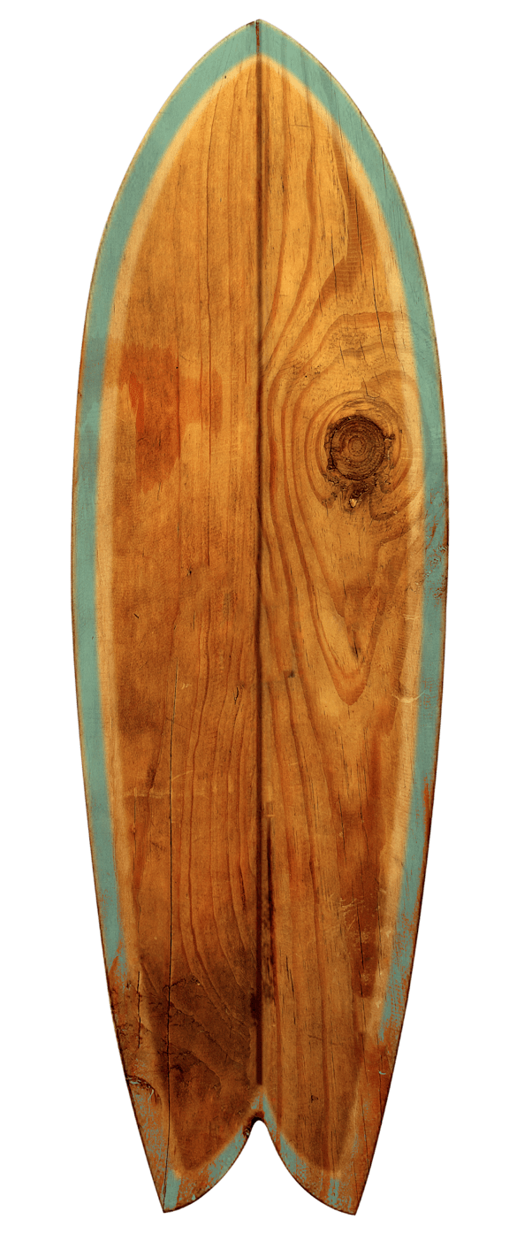 A wooden board with a teal stripe on the edge.