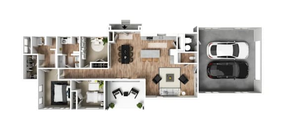 A top-down view of a house layout with a garage on the right side.