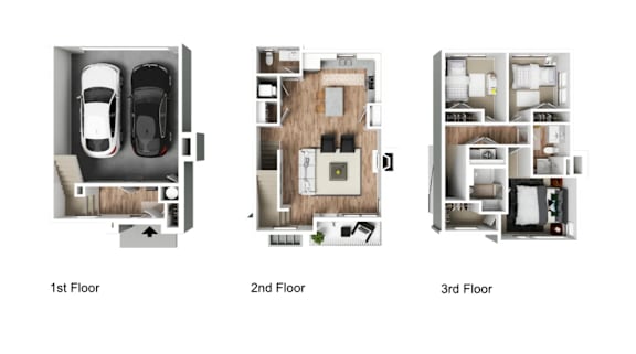 Three images show the layout of a house from the first to the third floor.