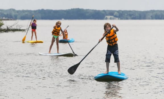 a group of children riding paddle boards on top of a body of water at The Residence at Marina Bay in Irmo, SC 29063