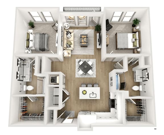 A top-down view of a modern apartment layout with a central living area, kitchen, and bedrooms.