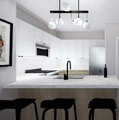 A kitchen with a white countertop and black stools.