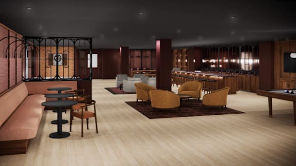A modern living room with a pool table and a bar area.