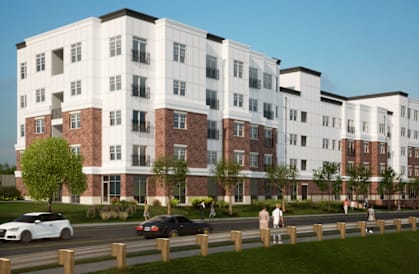 a rendering of an apartment building on a city street