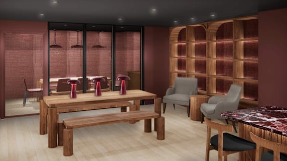 A modern dining room with a wooden table and chairs.