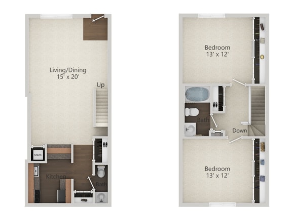 2 Bedroom Townhouse Floor Plan at Park 44, St. Louis, Missouri