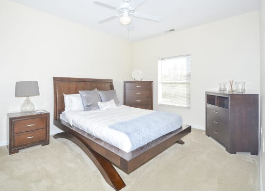 Carpeted Bedroom with Ceiling Fan and Light