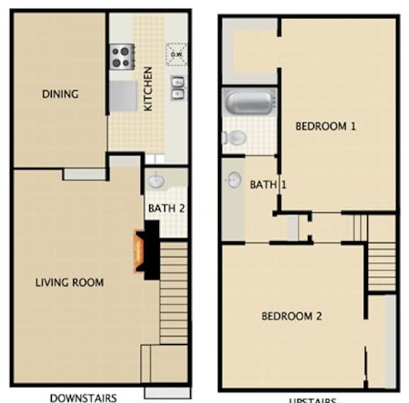 2 bedroom 1.5 bathroom townhouse floor plan diagram