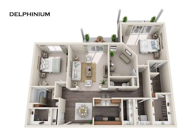 Floor Plan  A 3D rendered image of a Delphinium apartment layout.