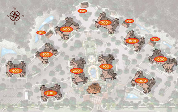 A map shows a series of buildings with numbers ranging from 300 to 1000.