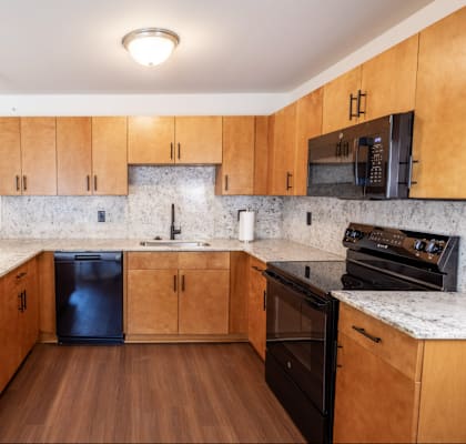 A kitchen with wooden cabinets and a marble countertop.