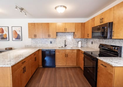 A kitchen with wooden cabinets and a marble countertop.