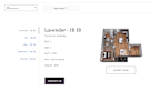 A webpage displays information about a property named Lavender - 1B 1B, including a floor plan and contact details.