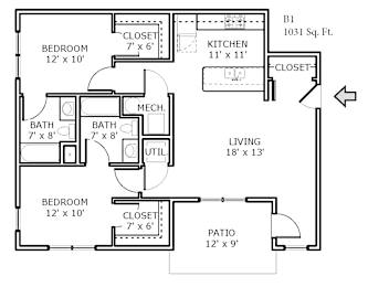 2D floor plan of a 2-bedroom apartment at Backwater Cove.