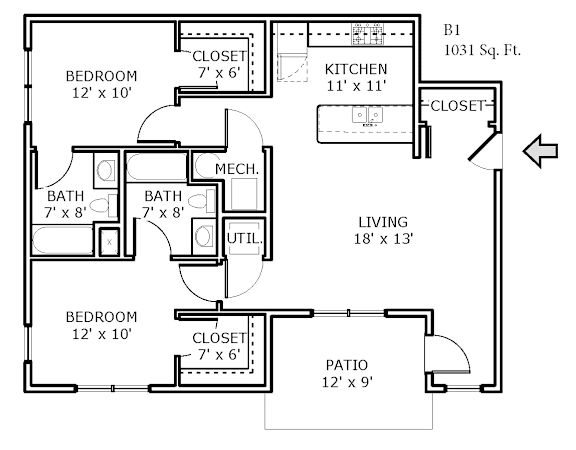 2D floor plan of a 2-bedroom apartment at Backwater Cove.