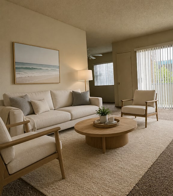 A living room with a couch, chair, and a painting on the wall.