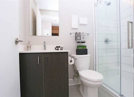 a bathroom with a toilet and a shower