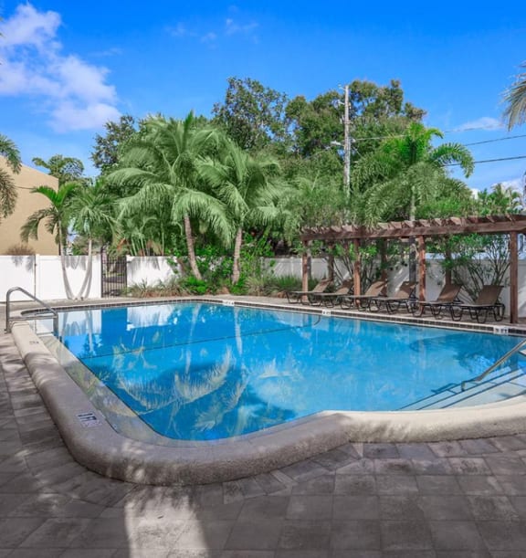 a large blue pool with chairs and palm trees