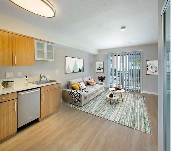 a living room with a couch and a kitchen with a sink