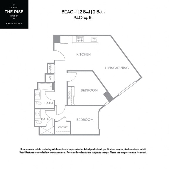 Beach - 2 Bed 2 Bath 940 Sq.Ft. Floor Plan at The Rise Hayes Valley Apartments in San Francisco, CA, 94103