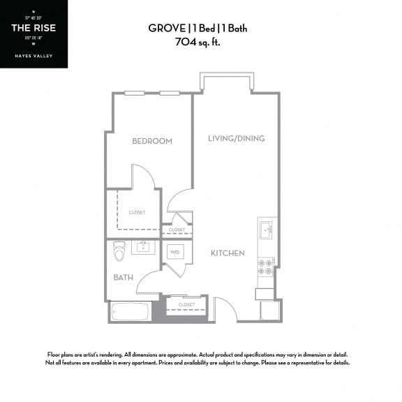 Floor Plan  Grove - 1 Bed 1 Bath 704 Sq.Ft. Floor Plan at The Rise Hayes Valley Apartments in San Francisco California, 94103