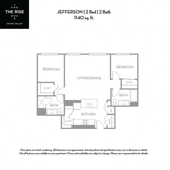 Jefferson - 2 Bed 2 Bath 1,140  Sq.Ft. Floor Plan at The Rise Hayes Valley Apartments in San Francisco, California