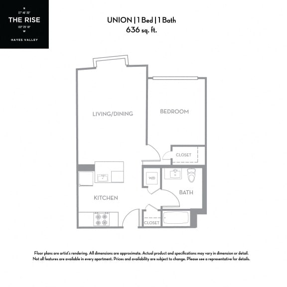 Floor Plan  Union - 1 Bed 1 Bath 636 Sq.Ft. Floor Plan at The Rise Hayes Valley Apartments in San Francisco, 94103