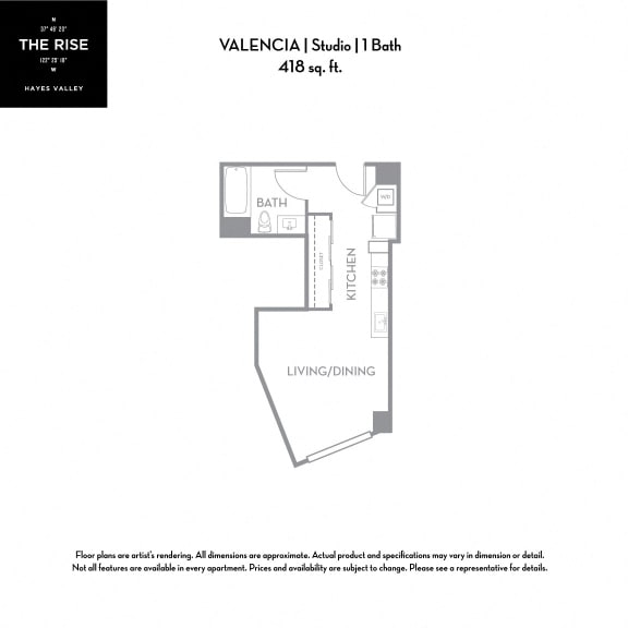Valencia - Studio 1 Bath  418 Sq.Ft. Floor Plan at The Rise Hayes Valley Apartments in San Francisco