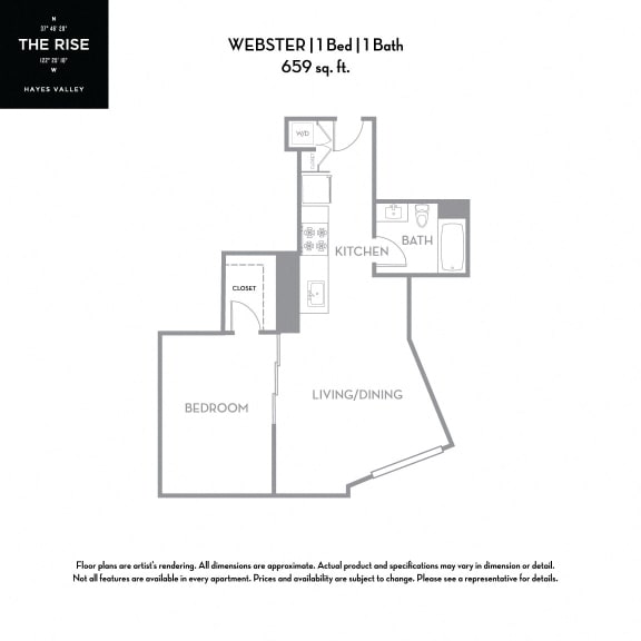 Floor Plan  Webster - 1 Bed 1 Bath 659 Sq.Ft. Floor Plan at The Rise Hayes Valley Apartments in California, 94103