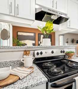 A modern kitchen with a stove top oven and a cutting board with a bowl and utensils on it. at Woodcreek Apartments, North Carolina