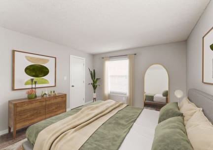 a bedroom with a bed and a dresser and a window